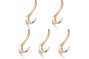 SARIHOSY 5pcs Gold Coat peg, Screwed Door Hooks for Dressing Gowns, Double Robe Brass Gold Coat Hooks Small Wall Mounted Brushed Brass Coat Hooks on Timber,