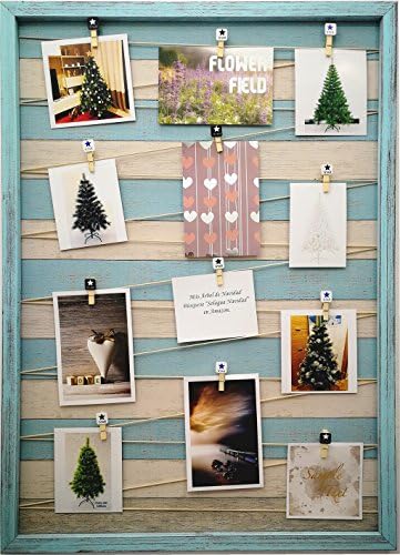 15 models of wooden wall frame with rope support and small decorated clothespins, vintage clip picture holder (Turquoise Blue, 52 x 72 cm)
