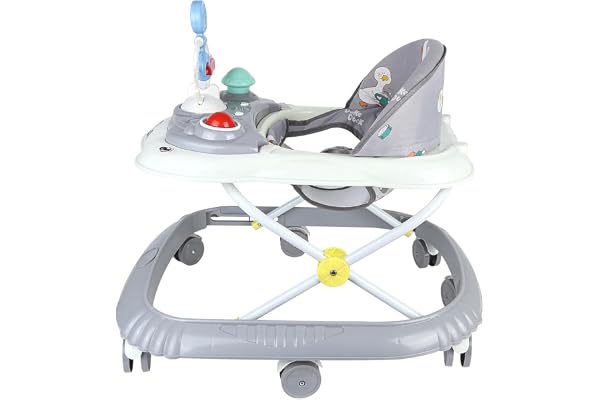 Trotteur Bébé 5 en 1, Trotteur pour Bébé Pliable,avec 4 Hauteur Réglable, Lumières, Musique, Plateau d’Activités Amovible, Charge 12KG, pour 6+ Mois-67 * 72 * 92cm- Gris (B)