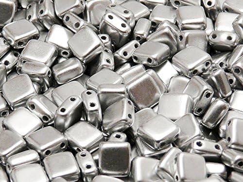 40pcs Czech Glass Beads Tile Two-Hole, Flat Square 6x6x2.9mm, AB Grade, Silver Metallic Matte