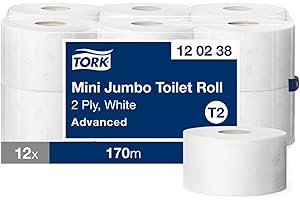 Tork Mini Jumbo Toilet Paper Roll White T2, Advanced, 2-ply, 12 x 170 metres, 120238
