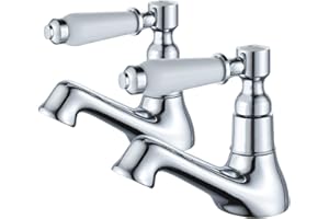 Luckyhome Traditional Basin Tap Pair,Twin 1/2" Hot and Cold Bathroom Pillar Tap with 2 Ceramic Handles,Chrome Brass