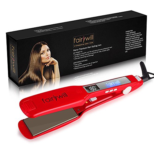 Hair Flat Iron Professional Hair Straighteners Fast Heating 60 Seconds to 230 Degree Wide Nano Titanium Plate LCD Display Temperature Control Red Fairywill