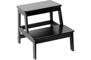 HOMION 2-Tier Wooden Step Stool Heavy Duty Ladder for Home Bamboo 2 Steps Sturdy Wood Step Sturdy Multipurpose Ladder for Adults & Kids Home Shop Bar Caravan Camper Van Camping Lightweight (Black)