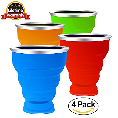 Lot de 4 Pliable Tasse Pliable, Tasse de Voyage, 230ML Silicone Alimentaire Pliable Tasse, Mug à café de Transport Portable pour Randonnée Camping Sports de plein air, Sans BPA Chaude Avec Couvercle