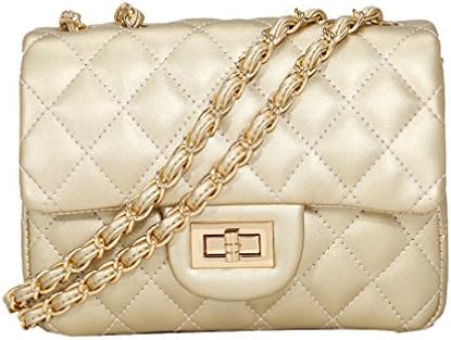 JSbetter Leather Shoulder Bag,Mini Quilted Cross body bag Handbag Clutch Classic Evening Bag with Chain for Woman Lady,Gold