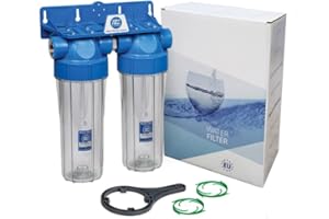 AQUAFILTER Double 10" Filter Housing Set Two Stage Water Filtration System 3/4" Connection