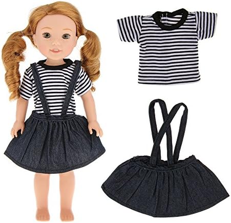 Striped T-shirt &amp; Shoulder Strap Miniskirt Set Doll Clothes Wardrobe Makeover Fits for 14" 14.5" American Girl Dolls Dollhouse