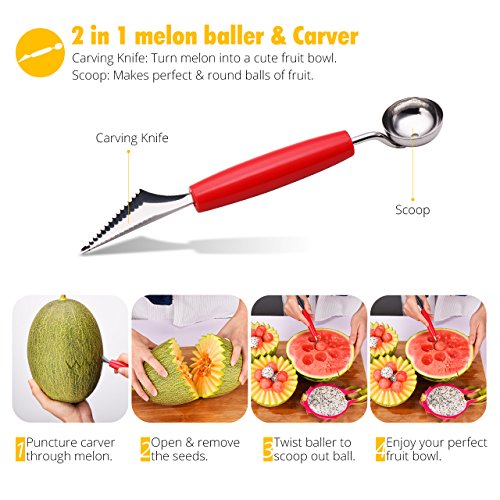Melonenschneider, HoLife Wassermelonen Schneider Schneiderset mit Doppelzweck Melonenkugelausstecher und 6 Obstgabeln, Rostfrei Edelstahl Wassermelonenmesser Obstschneider für Wasser- und Honigmelonen Papaya Pitaya - 5