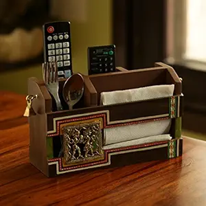 ExclusiveLane Dhokr-A-Rrange Hand-Painted Wooden Pen Stand Card Holder Table Organiser, Brown