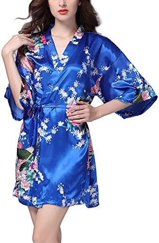 TIAQUE Ladies Silk Satin Kimono Robe Blossom Peacock Short Gown Sleepwear Nightdress Royalblue UK 14