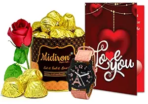 Midiron Birthday Chocolate gift For Girlfriend | Romantic Gift Set ( Red Rose | Chocolates Box | Love Greeting Card | Girls Watch )