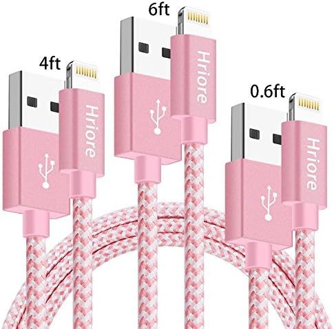 Hriore iPhone Charger Cable 3 Pack 0.4FT 4FT 6FT Nylon Braided Lightning to USB Syncing Charging Lead Cord for iPhone X/8/8 Plus/7/7Plus/6/6s/5/5s/SE, iPad Mini 2 3 4/Air/Pro, iPod and More - Pink