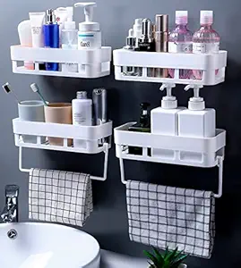 MorivaHomes Multipurpose Wall Mount Bathroom Shelf and Rack for Home and Kitchen. Self-Adhesive Sticker Hooks Support Without Drilling Bathroom Organizer.(4 Bathroom Shelf+2 Towel Hanger)