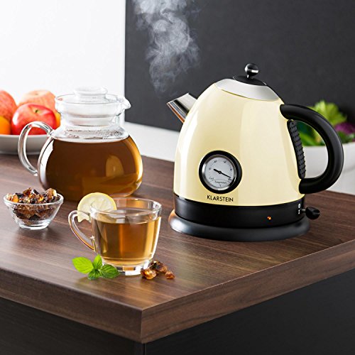Klarstein • Aquavita • Wasserkocher • Teekocher • Retro Teekessel Design • 1,5 Liter • 2200 Watt • kabellos • Vintage Temperatur-Anzeige • Cool-Touch-Griff • Basisstation mit Kabelaufwicklung • geringe Standfläche• Trockengeh- / Überhitzungsschutz • creme - 5