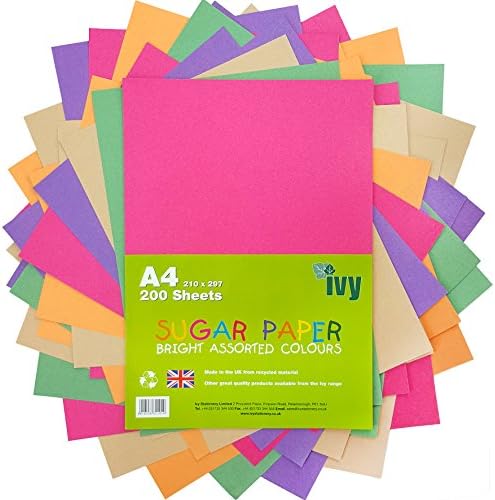 Sugar Paper A4 - 200 x Bright Coloured Sheets - 100Gsm - 21001 - Made in the UK by IVY Stationery