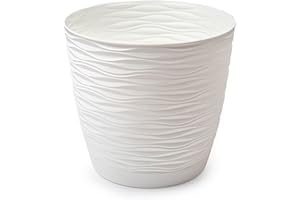 Acan Tradineur - Pot de fleurs rond avec soucoupe - Design Wind (Ø 23 cm) - En plastique - Idéal pour jardin extérieur, terrasse ou balcon - Blanc cassé