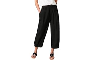 LES UMES Women's Summer Cotton Cropped Trousers Loose Fit Ladies Harem Lounge Pants with Pockets