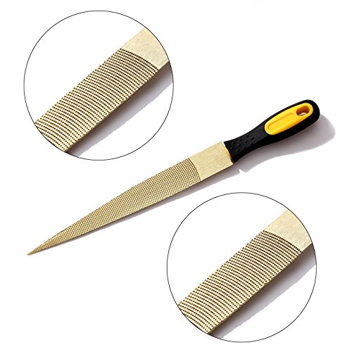 2 tlg. 8inch+10inch Hochwertige Kohlenstoff Stahl Needle Feile Set Feilenset Flachfeile Sharf Hand Raspel Holzfeilen für Hartholz Rotholz Schnitzen Holzarbeit mit Kunststoff Griff (Golden) - 2