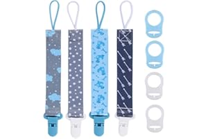 LANJUE Attache Tetine Bébé, 4Pcs Attache Sucette Chaîne en Tissu avec 4Pcs Adaptateur de Sucette Convient aux Sucettes pour Bébé Essentiels pour Nouveau-né Baby Shower（Blu）