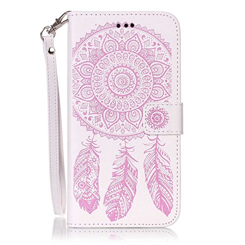 Lomogo [Windbell Embossing] 5.5" iPhone 7 Plus / iPhone 8 Plus Leather Wallet Case with Kickstand Card Holder Magnetic Closure Shockproof Flip Case Cover for iPhone 7 Plus / 8 Plus (5.5-inch) (White-Pink)