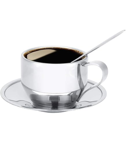 Fyearfly 3-delige RVS Koffieset - Dubbelwandige Mok, Lepel & Schotel, Zilver - Voor Latte, Cappuccino, Espresso