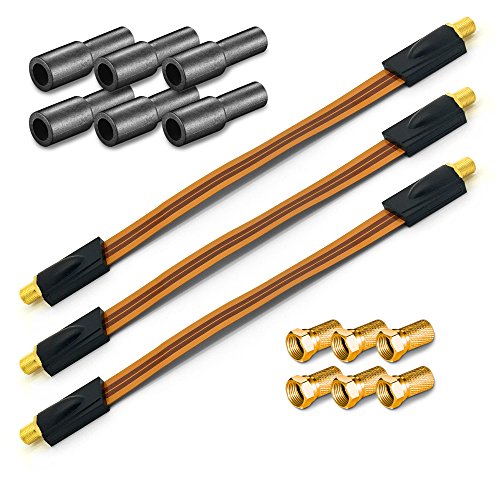 HD Fensterdurchführung Sat Kabel 3 x Flachkabel UltraSlim vergoldet + 6 F-Stecker 6x Gummitülle Koaxialkabel extrem flach F Stecker Gummitülle Fenster Tür Wohnwagen Camping HDTV 3D 4K TV ARLI 3 Stück UltraSlim Stecker Tülle