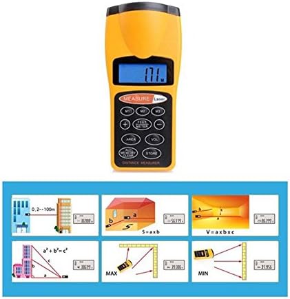 Feaglo LCD Ultrasonic Tape Measure Distance Meter & Laser Pointer Volume Range Finder Yellow