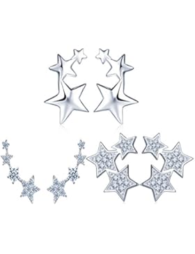 Yumilok 3 Paare 925 Sterling Silber Zirkonia Sterne Ohrstecker Set Ohrklemme Ohrringe Ear Cuffs für Damen Frauen...