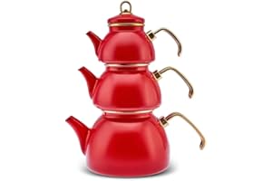 Karaca Retro Emaye Théière Set, 3 pièces, Rouge - Des théières en émail de haute qualité pour boire du thé avec style et pour des thés nostalgiques - Contenance 0,50 l, 1,1 l et 2,3 l