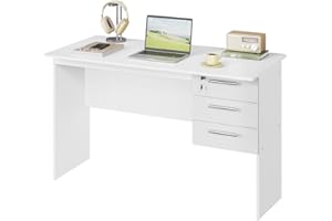 WOLTU Scrivania con 3 Cassetti, 120x60 cm, Bianco, Tavolo da Lavoro, Scrivania per Computer, Porta PC in Legno