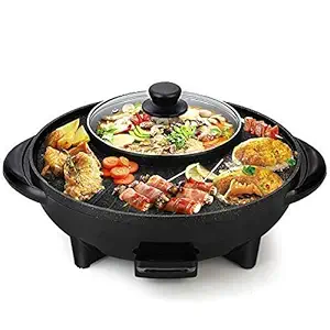 EVER MALL 2 in 1 Electric Hot Pot with Grill Combo, 2200W Smokeless Split-Design Shabu BBQ Pots for Family Party Dual Temp Control Easy Cleaning - Black