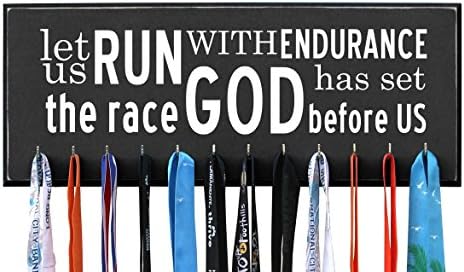 RunRilla Let Us Run with Endurance the Race God Has Set Before Us Running Medal Bib Display, 20" W, Black, 12 Hooks