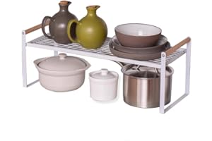 HGYZE Scaffale da Cucina in Metallo, 35cm Portaspezie con Manico in Legno, Mensola Appoggio Salvaspazio & Divisorio per la Dispensa e l'armadio, Impilabile, Bianco