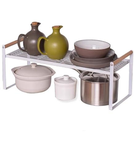 Organizzatore Per Credenza Da Cucina - 2 Mensole Espandibili In Metallo, Impilabili, Bianche, Per Dispensa O Armadio - Foto 8