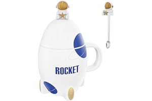 ZONSUSE Zabawny kubek rakietowy, uroczy kubek astronauty, kreatywne kubki do statku kosmicznego, nowatorskie kubki do kawy, z pokrywką i łyżką, prezenty kosmiczne dla mężczyzn, chłopców, dziewcząt,