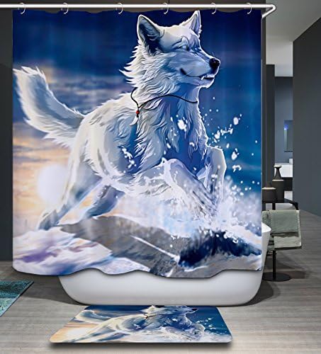 KISY Winter Snow Frozen World Waterproof Mildew-Resistant Bath Shower Curtain Running White Wolf Polyester Bathroom Shower Curtain (180cm×180cm)