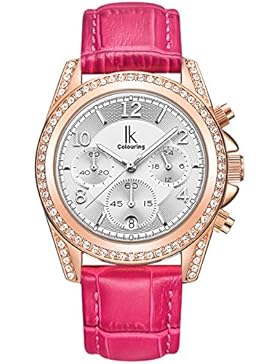 Alienwork Quarz Armbanduhr Multi-funktion Uhr Damen Uhren Mädchen Strass Kunstleder weiss rosa K001GA-08