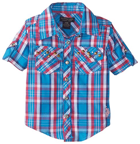 U.S. Polo Assn. Baby Girls' Plaid Rhinestone Studded Shirt with Roll Cuff Sleeve, Modern Azure, 24 Months