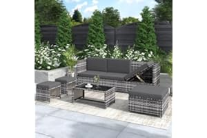 KAYAN Grey Rattan Garden Furniture Set, Outdoor Patio Corner Sofa Set Garden Entertaining Set Garden Rattan Furniture Lounge Set (6 Seater - A)