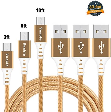 Micro USB Cable, Vanble Nylon Braided High Speed 2.0 USB to Micro USB Charging &amp; Sync Durable Charging Cables Android Charger Cord for Samsung/HTC/Windows/MP3/Camera and Other Device (3 Pcs, Gold)