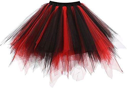 LSCY Adult 1950s Tutu Layered Tulle Petticoat Party Ballet Puffy Bubble Skirt (L-XL, Red/Black)