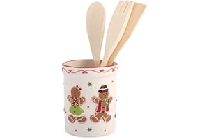 H&H Porta Mestoli Gingerbread In Ceramica Con 3 Mestoli In Legno