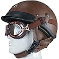 Retro Leather Motorcycle Half Helmet for Men and Women, Vintage Pilot Style Adult Open-Face Helmet Bike Cruiser Chopper Moped Scooter Motorbike Helmet DOT Certified brown,M