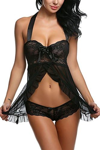 Fawnkiss Women’s Sexy Lingerie Set Lace Babydoll Underwear Halter Badysuit Nightwear Pyjamas With Floral Transparent Chemises, (Black,Medium/UK8-10)