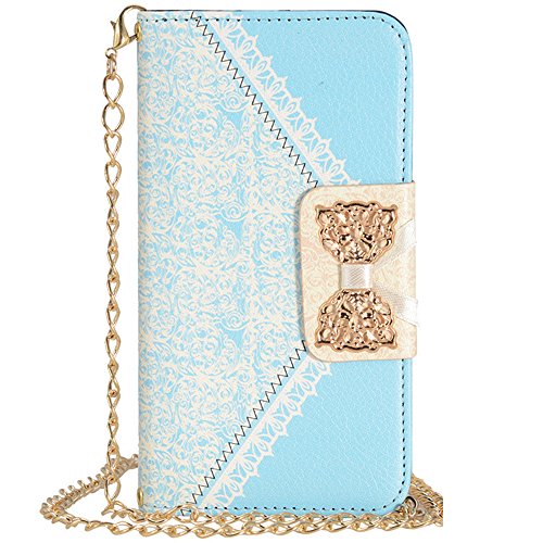 Uming® Gold Bow Lady Series PU Case [* for Samsung Galaxy S6Edge G925 *] with Bling Shiny Glitter Glanze Elegant White Lace Pattern Flip Holster with Stand Stander Holder Hand Free Credit Card Slot Wallet Hasp Magnet Magnetic Button Buckle Shell Protective Mobile Cell Phone Case Cover Bag - Light Blue