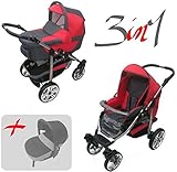  Jackmar  Gestell in Weiß  Hartgummireifen in Chrom & Schwarz  3 in 1 Kinderwagen Megaset (12 Teile)  Farbe: Graphit & Rot