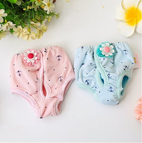 Stock Show 2Pcs Female Dog Diapers with Flower Decor, Elastic Waist Cotton Sanitary Physiological Shorts Pants Small Medium Girl Puppy Panties Underwear, Pink + Blue