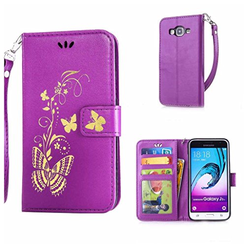 Galaxy J3 2016 Hülle Ledertasche [mit Frei Hartglas Displayschutzfolie], KKEIKO® Schutzhülle PU Leder Tasche Hülle Case für Samsung Galaxy J3 2016, Wickelfalz Handyhülle mit Bändselloch Standfunktion Karteneinschub und Magnetverschluss, Kratzfeste Lederhülle Flip Wallet (Violett #10)