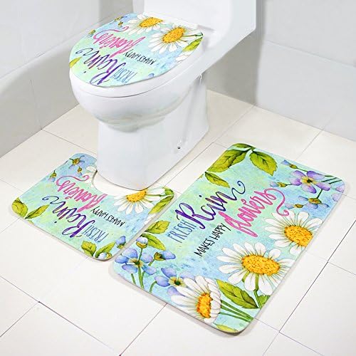 Demiawaking 3pcs/set Printed Non Slip Bathroom Carpets Rug Toilet Lid Cover Bath Mat (Fresh Rain)